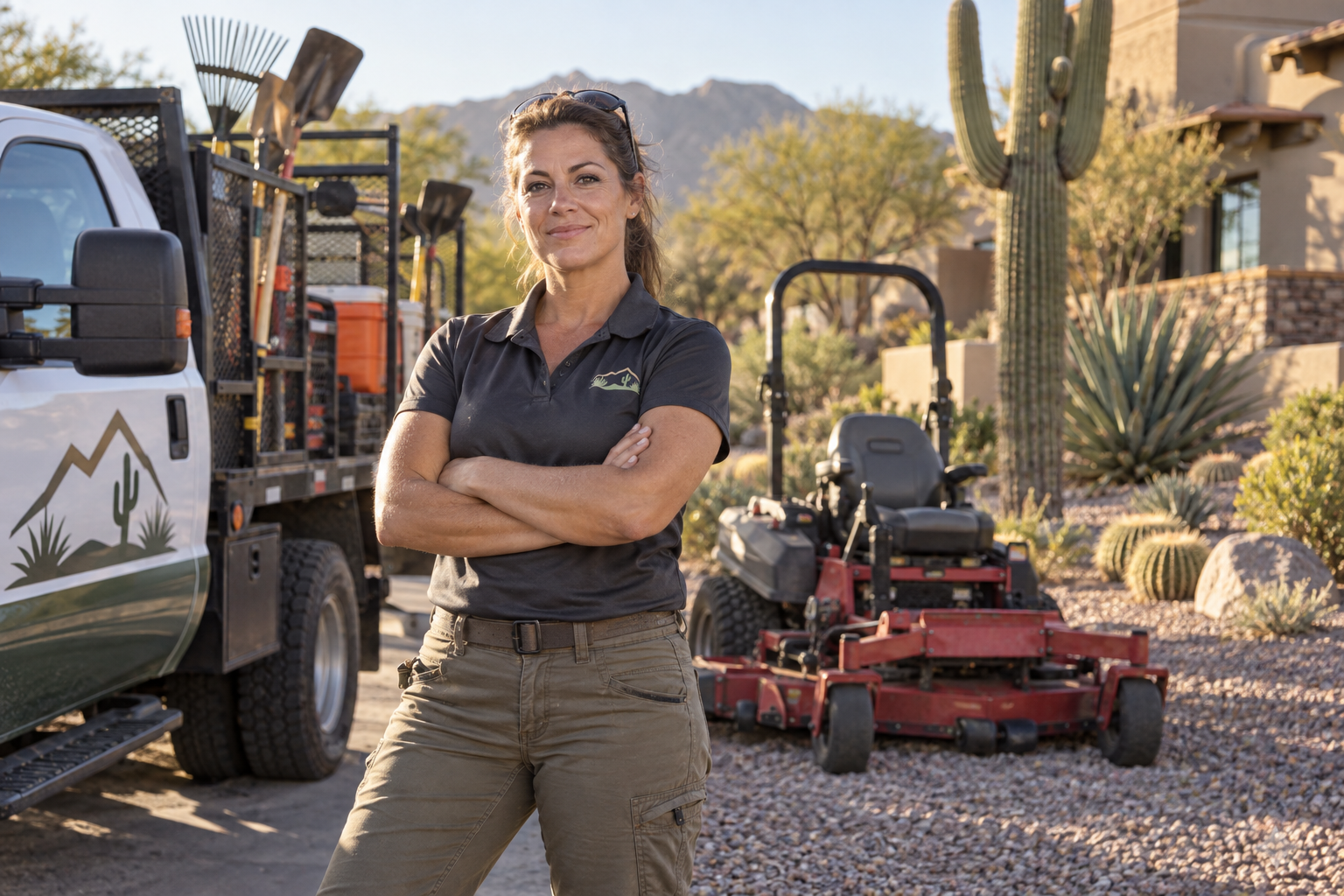 Owner of an Arizona landscaping company standing beside her work truck and mower in a desert yard