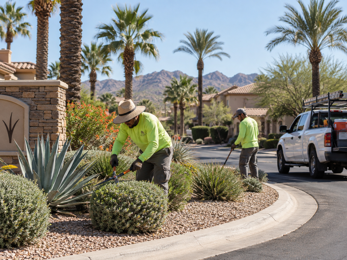 A two-person Arizona grounds crew trimming desert landscaping at an HOA community entrance